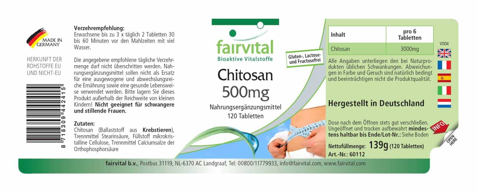 fairvital Chitosan 500mg, 120 comprimés, 3000mg par dose quotidienne, HAUTEMENT DOSÉ, facile à avaler, fibre alimentaire naturelle (Lot de 2)