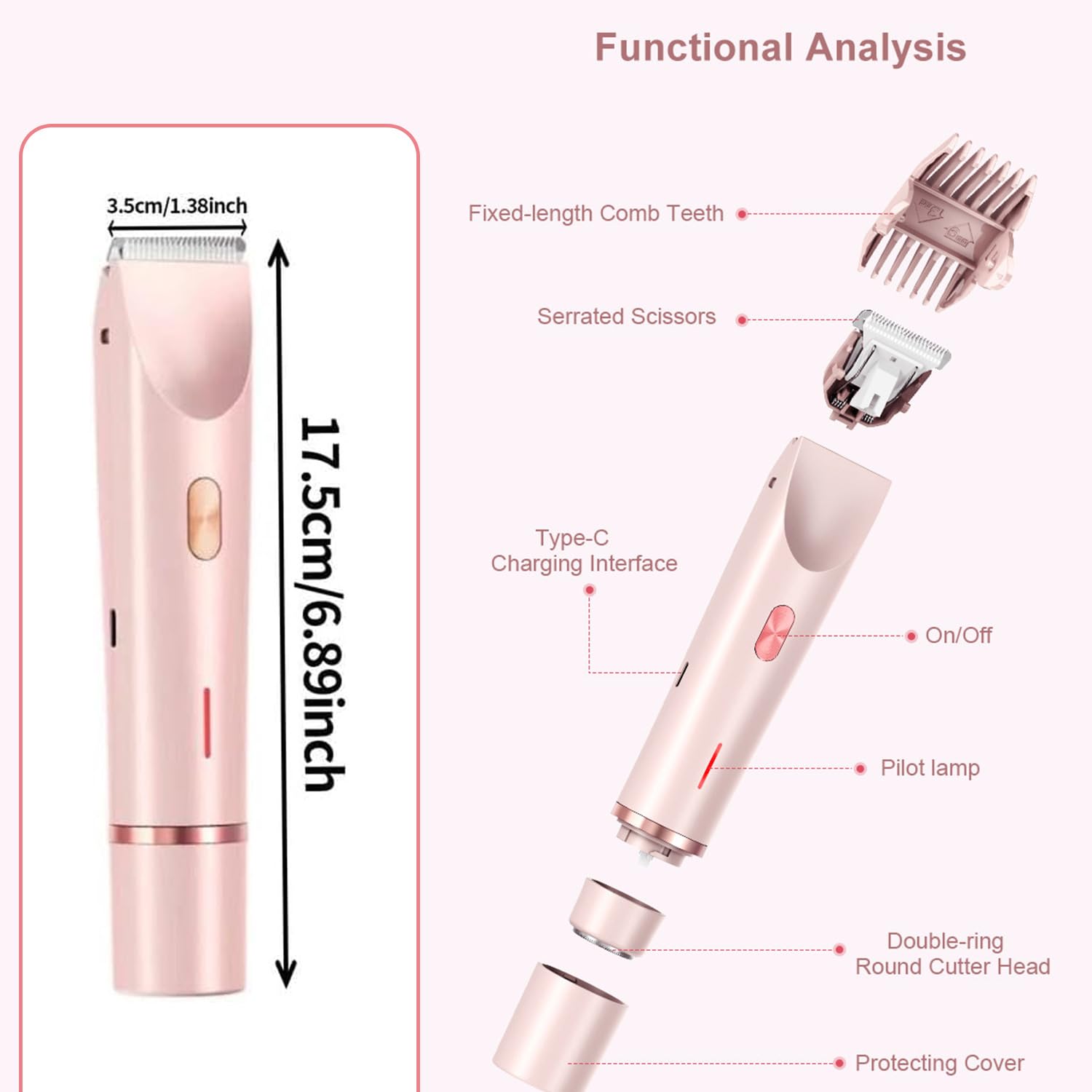 Rasoio per bikini da donna, rasoio elettrico 2 in 1 a doppia testa e rasoio per il corpo, rasoio elettrico senza fili e impermeabile, per donne, depilazione indolore con finitura setosa, rosa 12