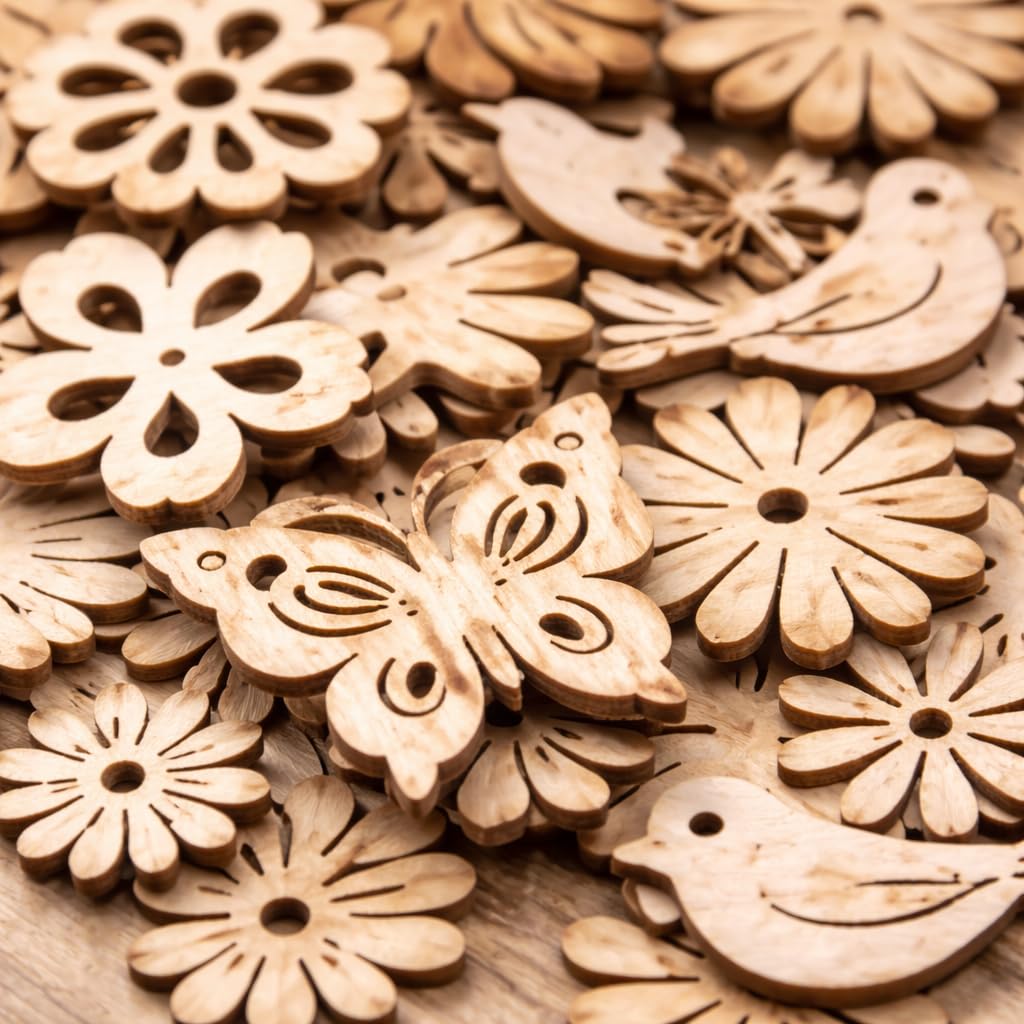 100 Pezzi Di Legno Grezzo A Forma Di Fiore E Foglia – Ritagli In Legno Per Decorazioni, Artigianato E Hobby Creativi - 3