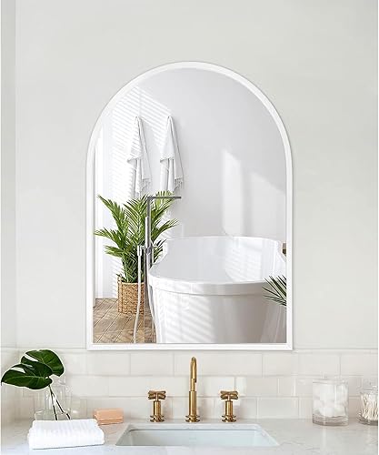 Miniatura 113 de Espejo de pared arqueado negro con marco de aleación de aluminio, espejo de baño de metal cepillado, espejo montado en la pared para sala de estar