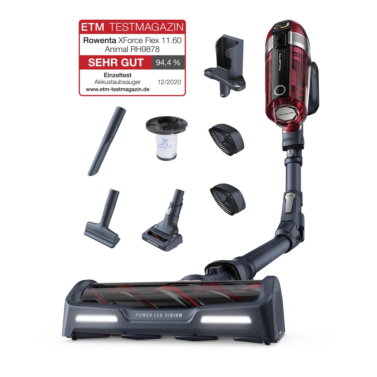 Rowenta X-Force Flex 11.60 Kabelloser Stabstaubsauger, Tierpflege, 130-Watt-Saugleistung, 25,2 V Wechselakku, bis zu 45 Min. Autonomie, Kontrollanzeige,Technologie, LED-Leuchte, Rot-Grau, RH9878WO