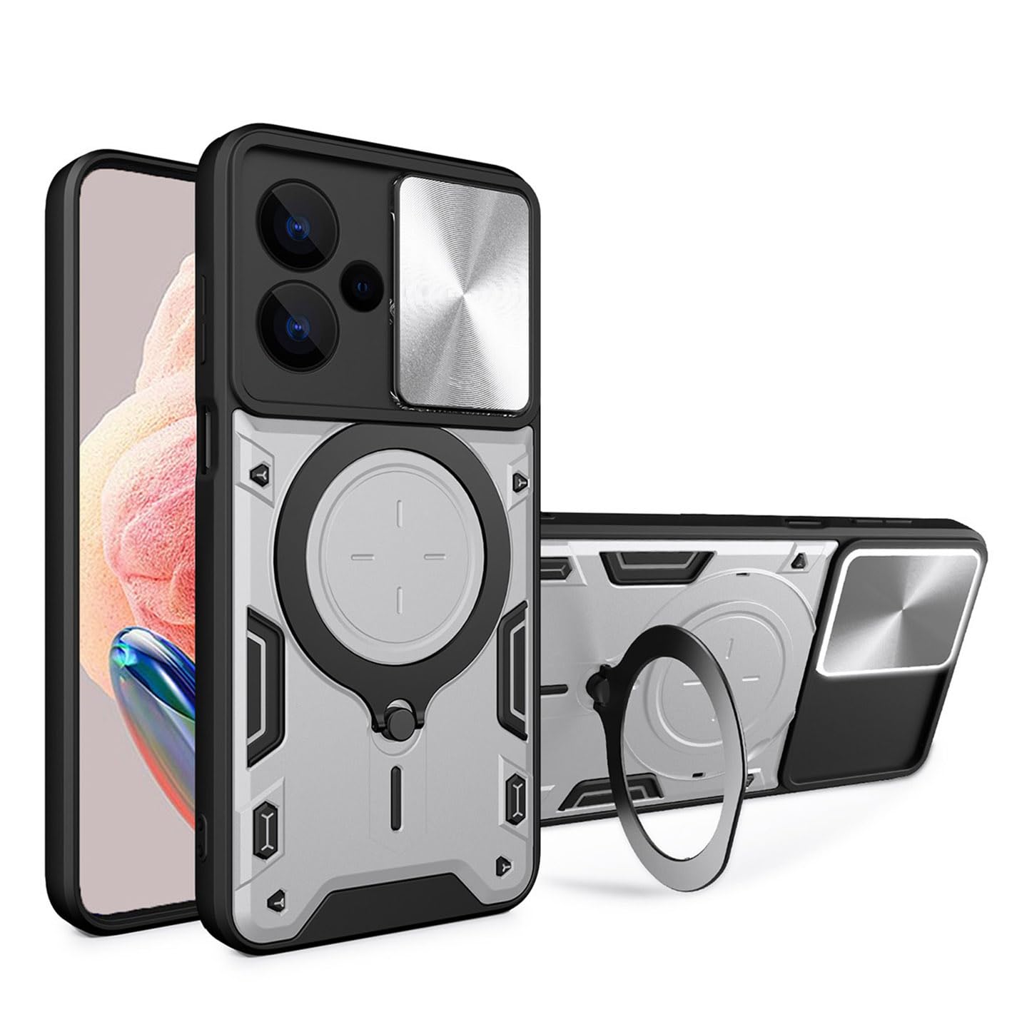 BORYA Hülle Xiaomi Redmi Note 12 Pro+ 5G – Stoßfest, Magnetischer Ständer, Kameraschieber, Silber