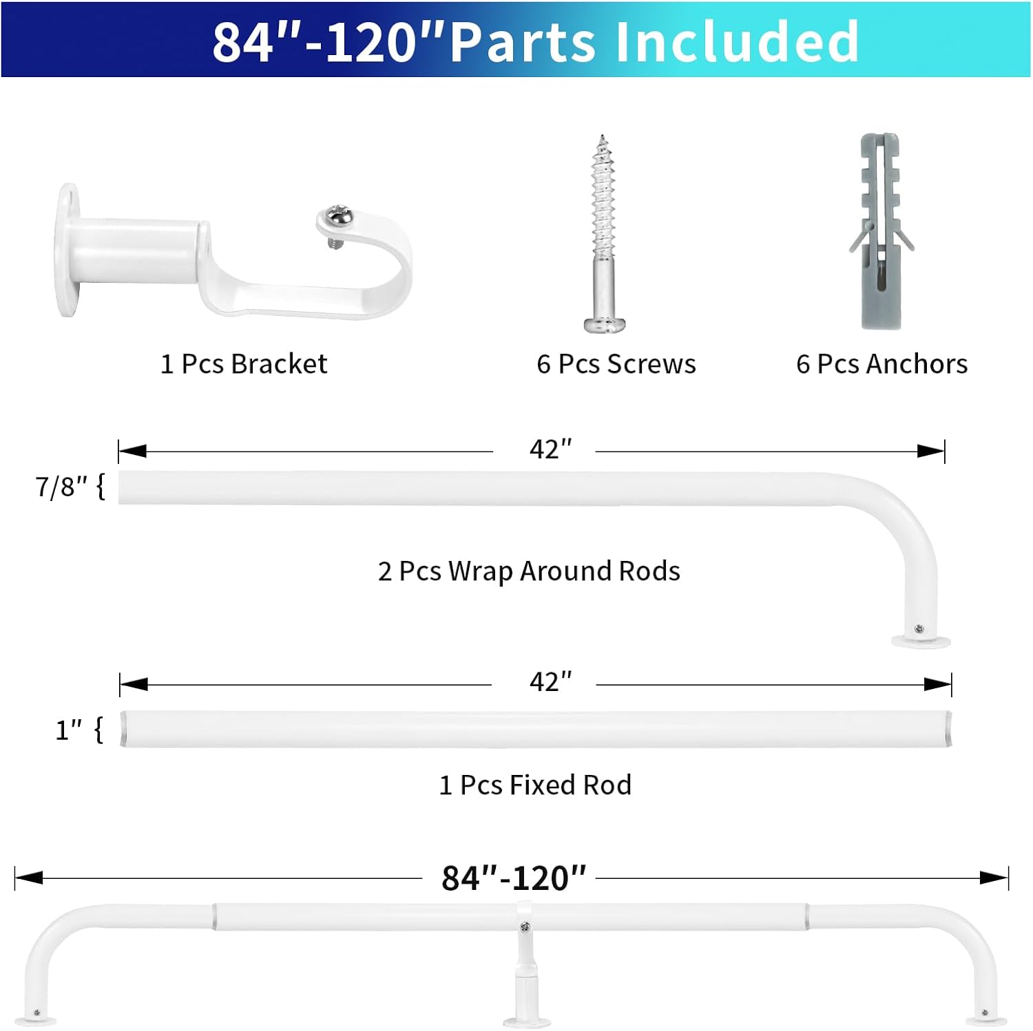 Energy Saving Wrap Around Black Out Return Adjustable Window Curtain Metal Rod Set, 1-inch Diameter, 84" to 120", Glossy White