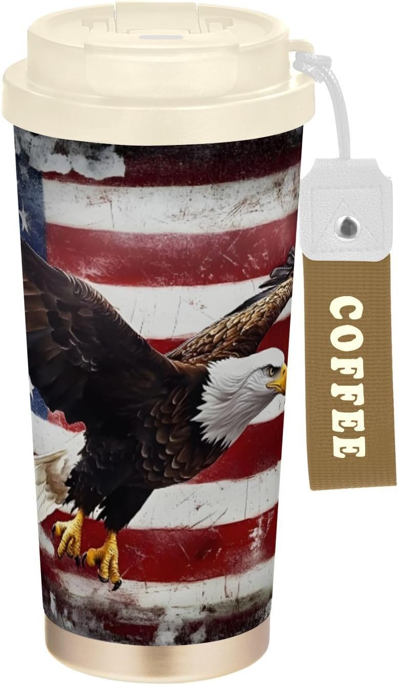 Vintage Bird America Flag Insulated Coffee Mug with Straw & Flip Lid, 16.9oz Iced Tumbler Cup, Double Wall Vacuum Mug for Travel Office