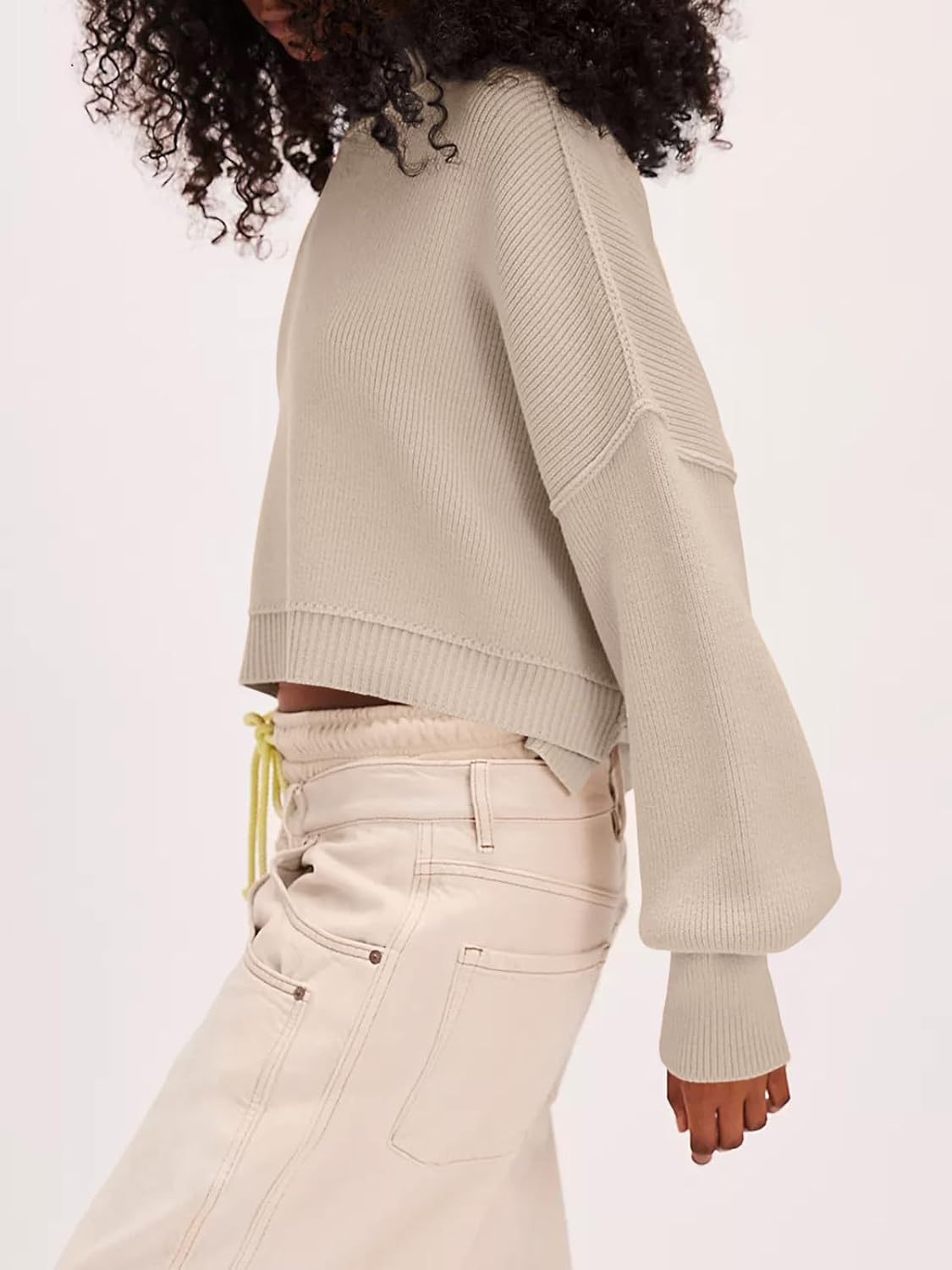 Yesfashion Womens Oversized Cropped Sweaters Crewneck Long Lantern Sleeve Side Split Ribbed Knit Pullover Sweater Tops - Image 3