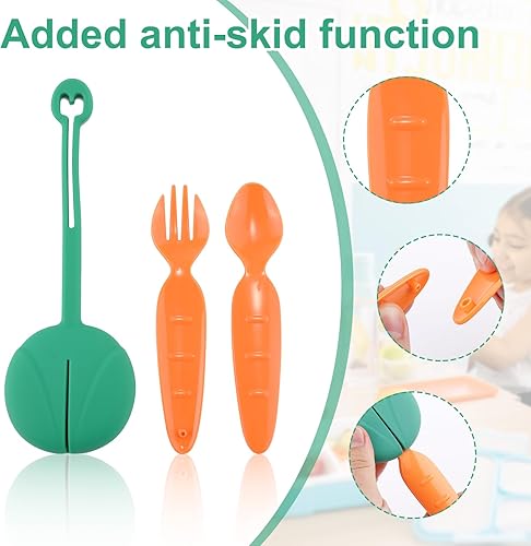 Miniatura 4 de Juego de cubiertos de 3 piezas, juego de utensilios para niños con caja reutilizable, juego de cubiertos de plástico portátil, tenedor y cuchara