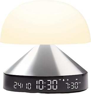 Lexon MINA Sunrise Despertar mañana brillante, simulador de amanecer y atardecer, 5 sonidos naturales, lámpara de noche LED luz nocturna y luminoterapia - color aluminio