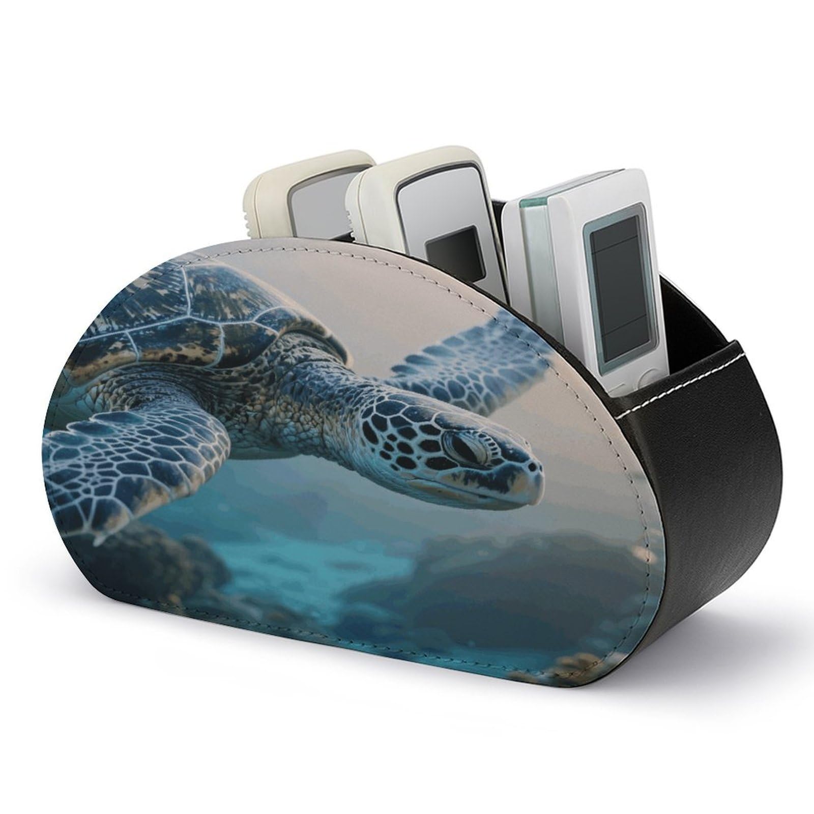 VstaDank - Blue Sea Turtle Remote Control Holder PU Leather Multifunctional Office Organizer Makeup Brush Holder Desk with 5 Compartments Box