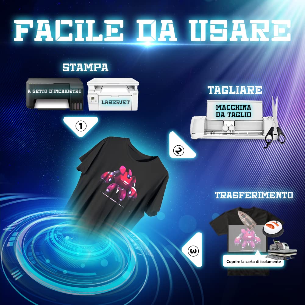 TransOurDream per tutti i Tessuti, a Getto d'inchiostro e laserla Carta di trasferimento Fogli A4X10, per Tessuti Scuri Poliestere, Tela, Strisce, Quadri, Jeans e Tessuti Mimetici (IT -FX-10)