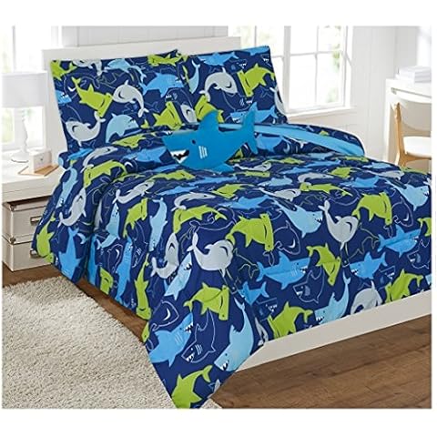 6 Piece Comforter Set Kids Bed in a Bag- Twin (Blue Shark) Cover