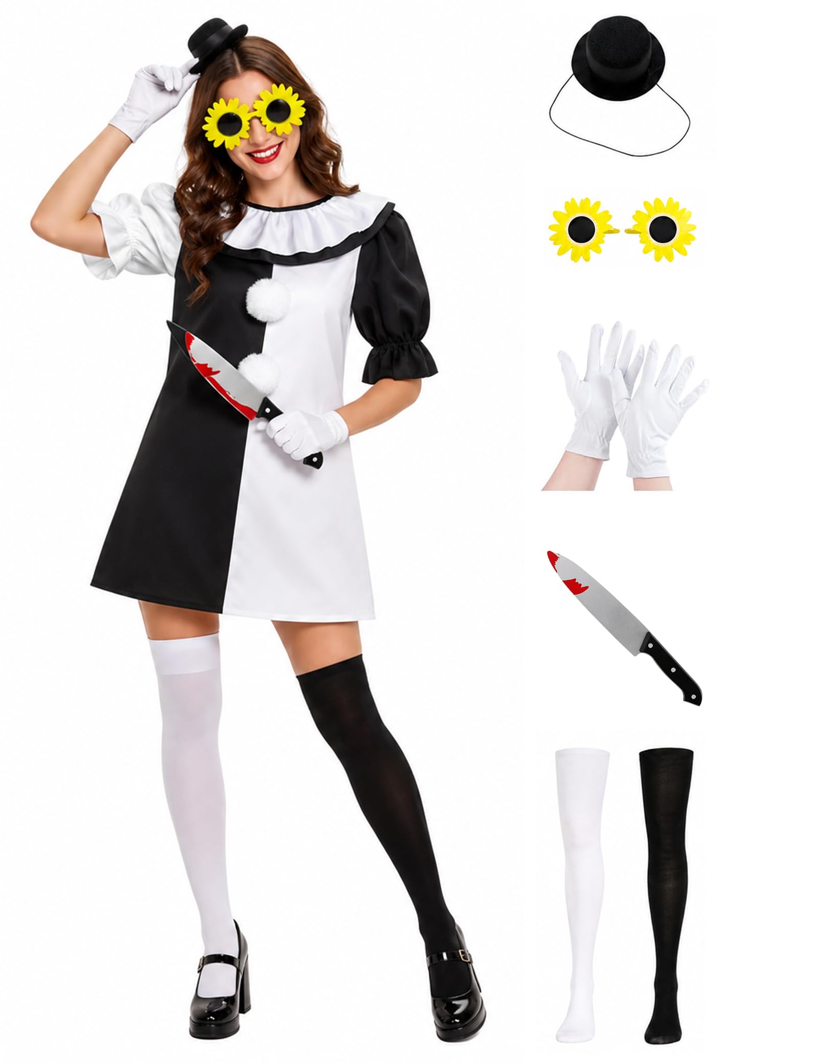 Makoike Art Clown Costume Women Scary Clown Dress Glasses Hat Gloves Socks Accessories Carnival Halloween Costume Cosplay Props