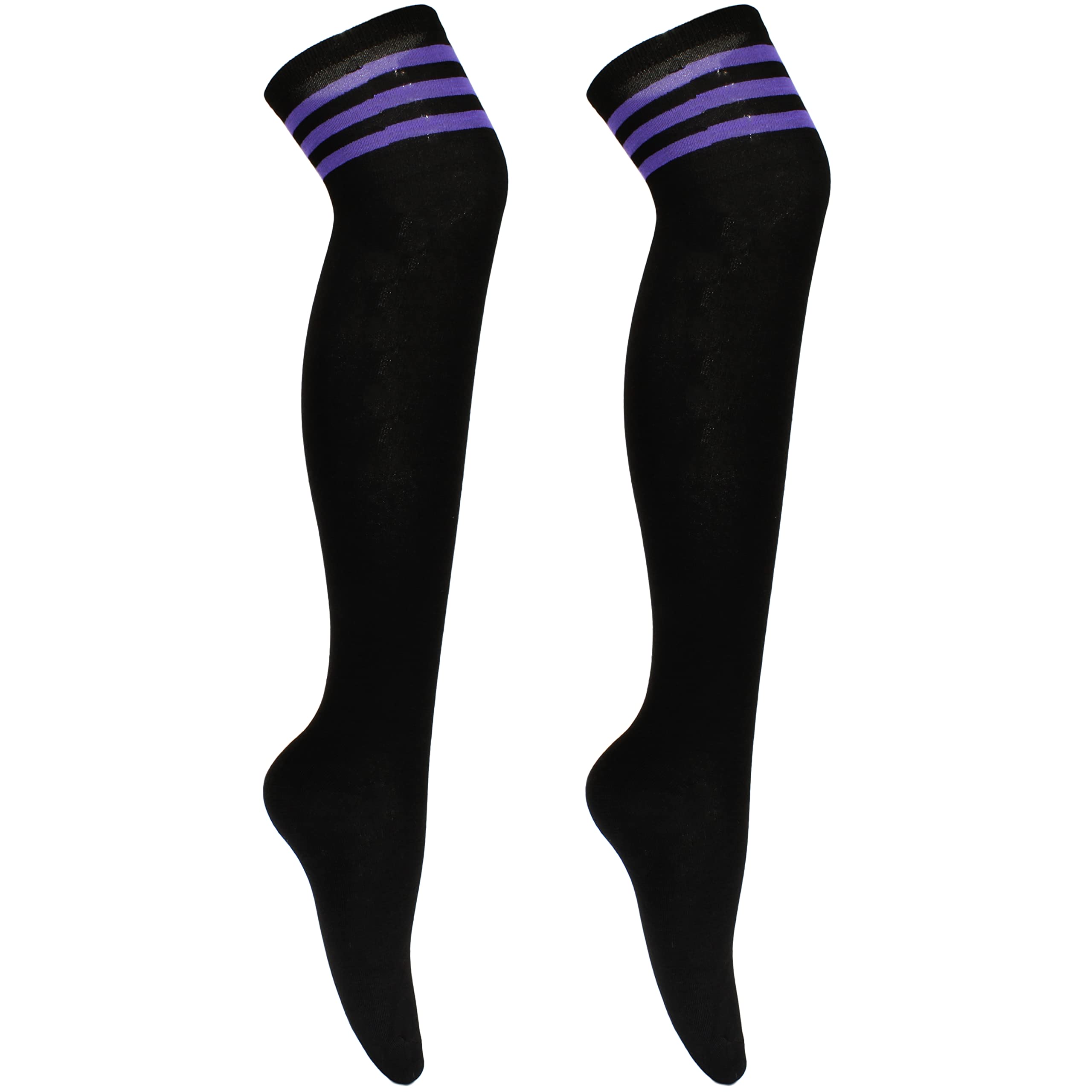 Cherry-On-Top Women's Black/Purple Stripe Knee Thigh High Sock Cheerleader Pub Golf Sport Stripe Socks Fancy Dress