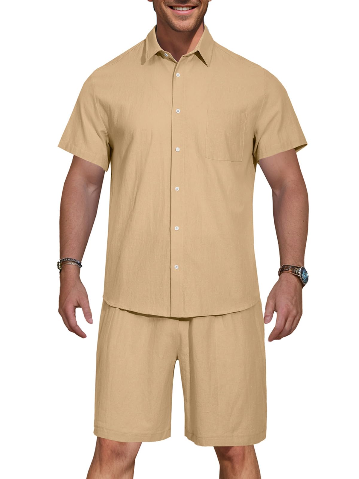 HOTIAN HOTIAN Camisa de hombre de manga corta, ajustada, de lino, para el tiempo libre, verano, manga corta, básica