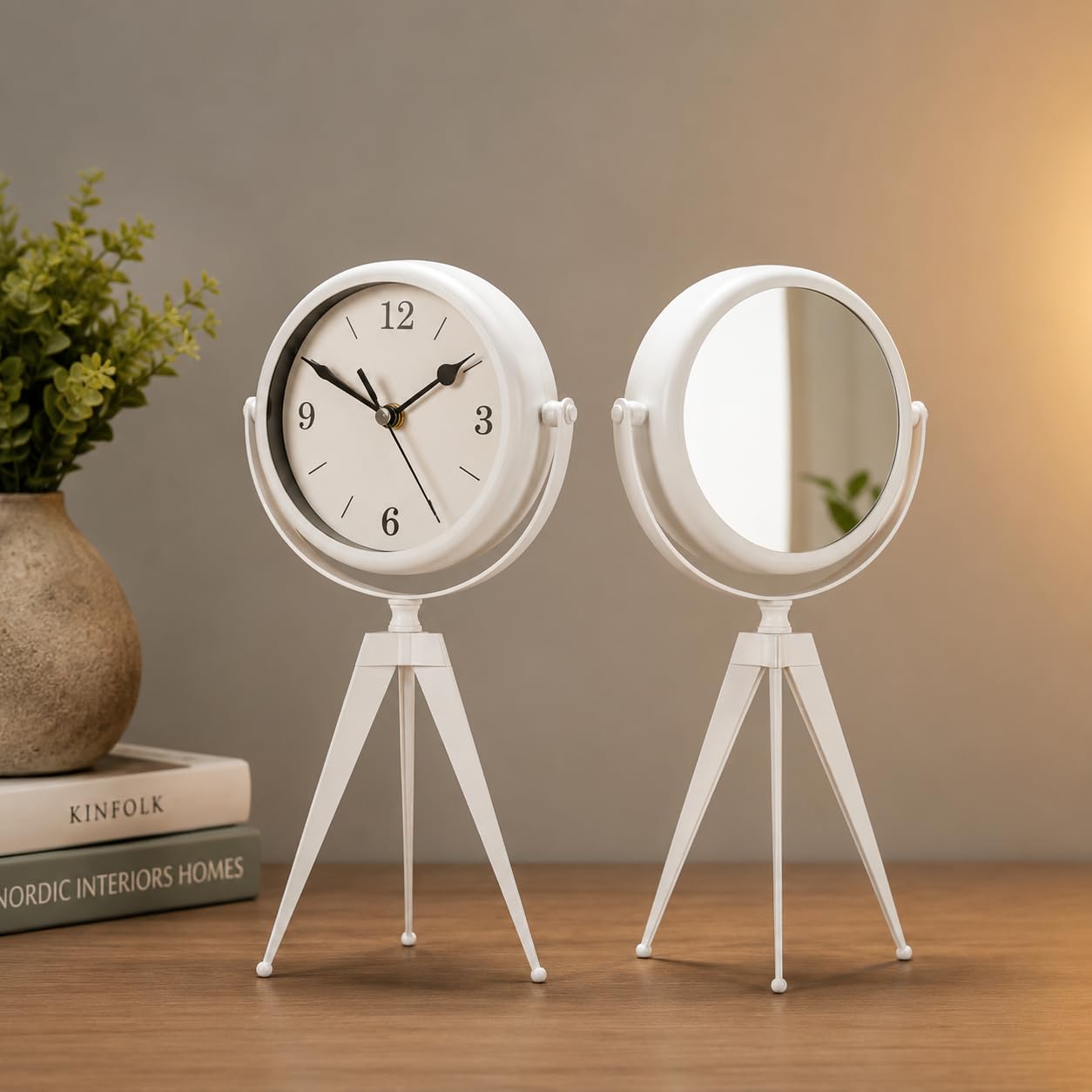 LEDSone 20cm Alarm Clock – White Retro Mantel & Desk Piece with Rotatable Mirror Shelf Clock Battery-Operated Decorative Tabletop Clock on Tripod Stand for Home & Office