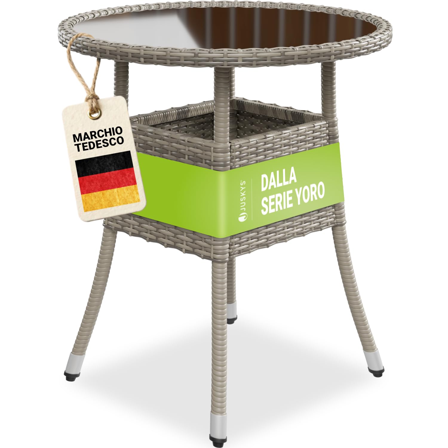 Juskys tavolino da giardino Yoro - Piccolo, rotondo, compatto, resistente alle intemperie - Piano in vetro e polyrattan - Ø 60 cm - Grigio