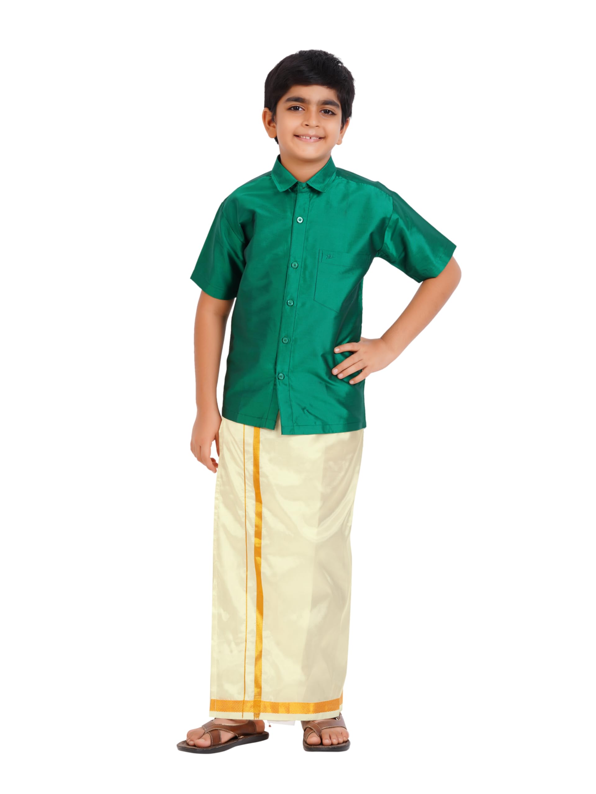 Prakasam Cotton- Art Silk Traditional Boys Dhoti Set, Shirt With Cream Dhoti, Gold Border, Short Sleeve (1-2 Years, Dark Green)