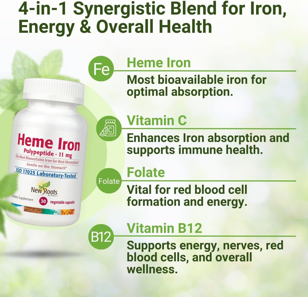 NEW ROOTS HERBAL Heme Iron Supplement | 4-in-1 Formula with Vitamin C, B12, Folate for Best Absorption | Raise Hemoglobin & Ferritin for Women & Men, Low-FODMAP (30 Capsules) - Image 4