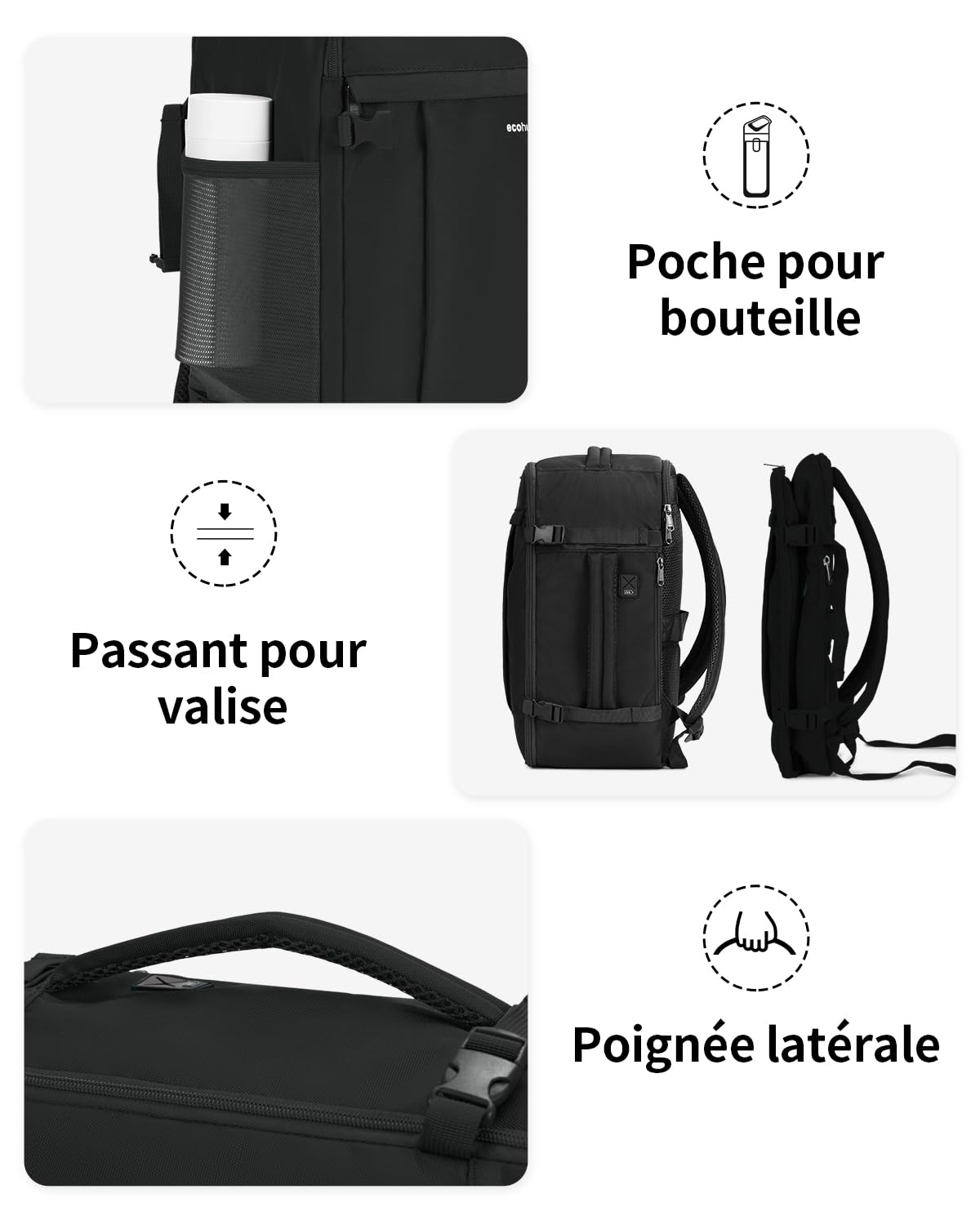 ECOHUB Sac a Dos Voyage Cabine Avion 45x36x20 pour Easyjet Bagage Cabine avec 3 Poches Zippées Cachées Bagage à Main Homme Sac à Dos pour Ordinateur 15.6 Pouces, Sac Cabine sous Siège, Noir, 30L
