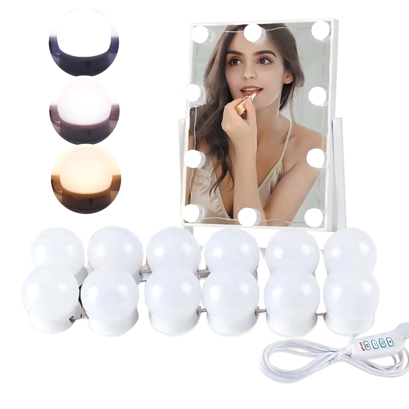 Mirror Lights, Hollywood Makeup Mirror Light with USB Power Cord, 3-Color Dressing Table Lights, Bath Mirror Lamps 10 Level Adjustable (Type C-12 Bulbs)