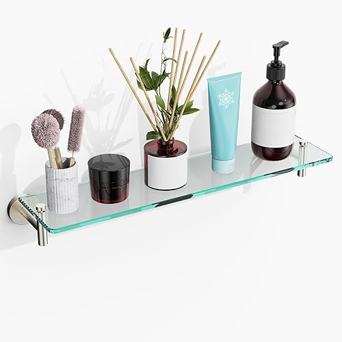 Miniatura 16 de Estantes de vidrio de 20 pulgadas para baño, estante de vidrio flotante de níquel cepillado, estantes de baño de vidrio templado de acero inoxidable