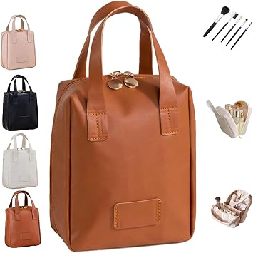 Eretinputc Makeup Bag,2024 New Premium Makeup Bag for women,PU Large Capacity Waterproof Travel Cosmetic Bag Organizer,Portable Hand-Held Shell Toiletry Bag with Divider Brown