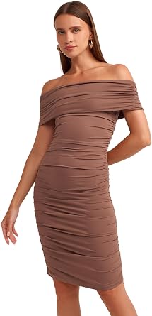 DILVIN Omuzlar  A k B zg l  Bodycon Elbise Kad n Bardot Yaka Mini Stre  G nl k Davet