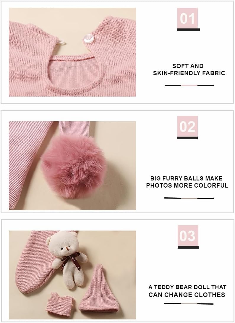 Ylsteed Newborn Photography Outfits - Girls & Boys Photo Shoot Costume Set - Infant Romper & Elf Hat (Pink) - Image 4