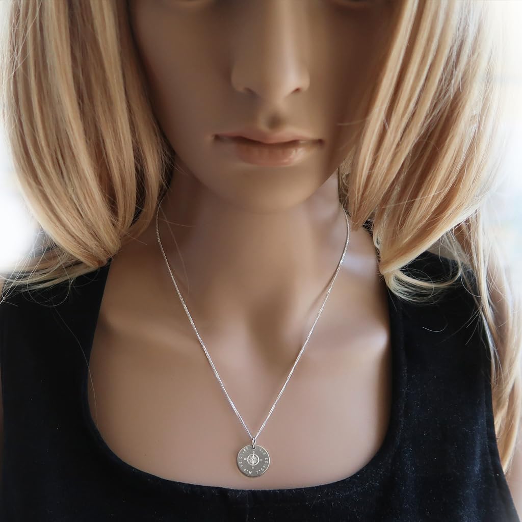 Kompass Anhänger Kette mit Koordinaten Gravur, 925 Silber | personalisierbar mit Wunschtext, Geschenk für Frauen und Männer