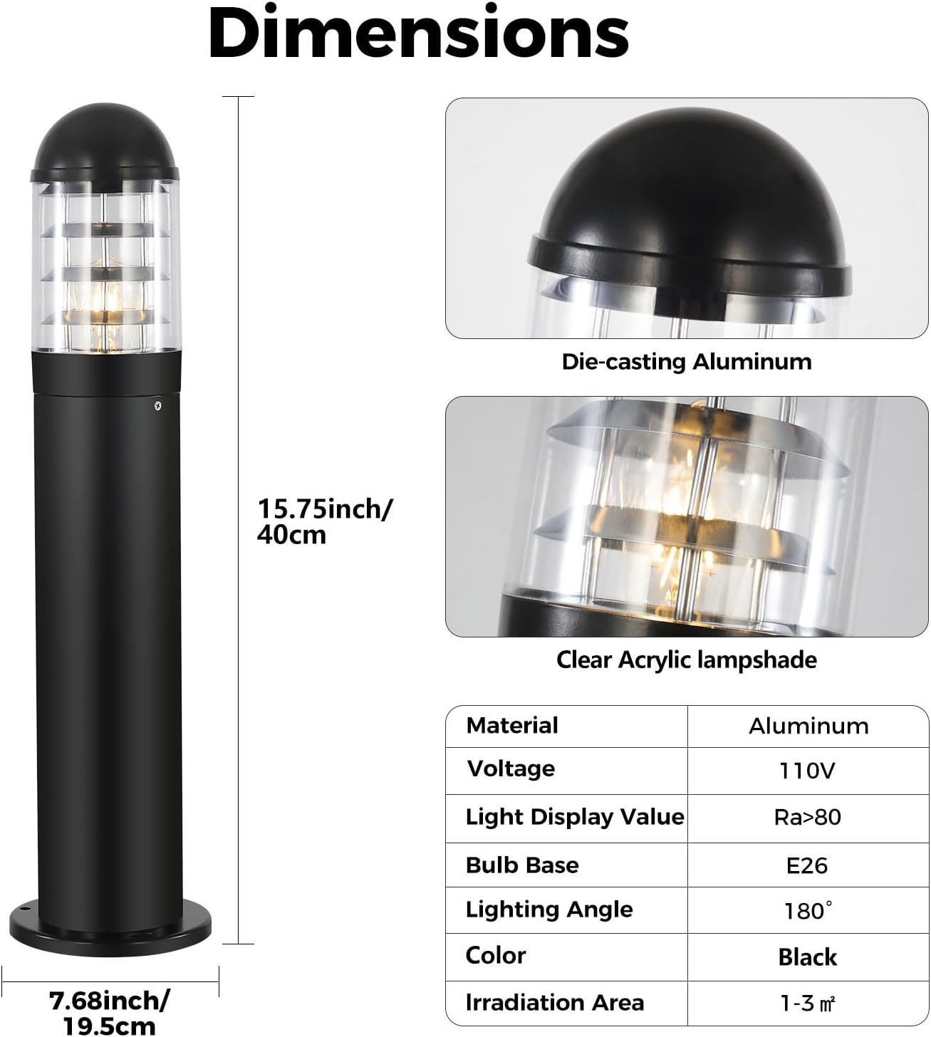 Landscape Path Light Modern Black Round Pathway Light Outdoor Bollard Lights IP65 Waterproof Outdoor E26 Walkway Lights Outside Housing Floor Lamp Exterior Lawn Post Path Lamps for Patio Yard