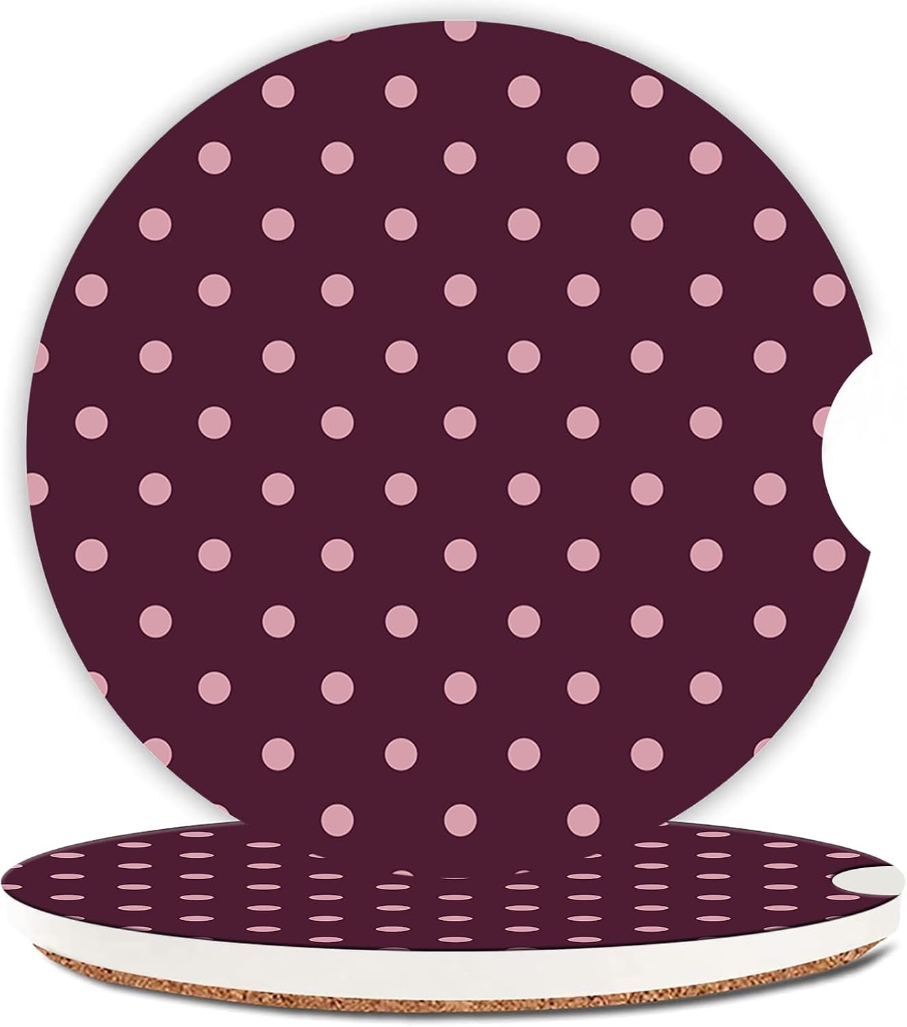 2 Pcs Cute Wine Pink Polka Dots Ceramic Car Coasters for Cup Holders