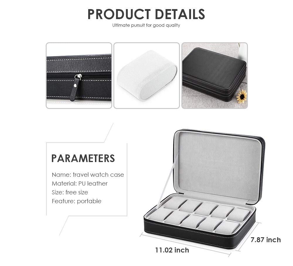 Custodia Porta Orologi Da Viaggio Per 12 Orologi - Eco Pelle, Zip Sicura - Foto 11
