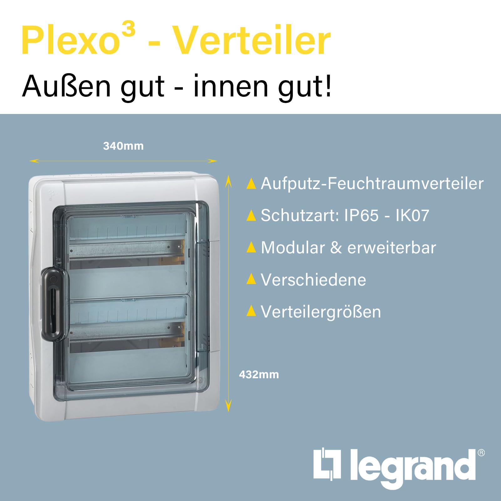 Legrand, Plexo Feuchtraumverteiler, Sicherungskasten, Aufputz, IP65 - IK09, 2-reihig, 24 Module, Innen- und Außenbereich, Nachrüstbar, Schutzklasse II, -20 - +70 °C, 432 x 340 x 161 mm, 601982