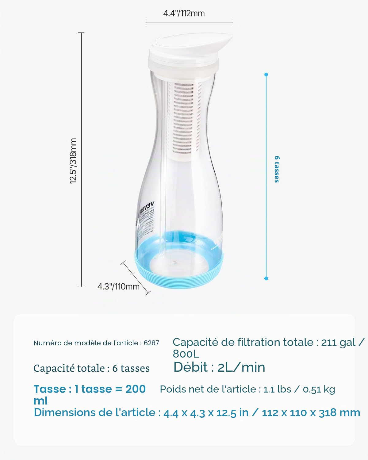 VEVOR Carafe Filtrant en Verre 6 Tasses, Pichet Filtrant Capacité de Filtre 800 L, Distributeur d'Eau Sûr sans BPA, Réduisant le Chlore, la Rouille, les Odeurs, PFOA/PFOS, pour Maison Bureau