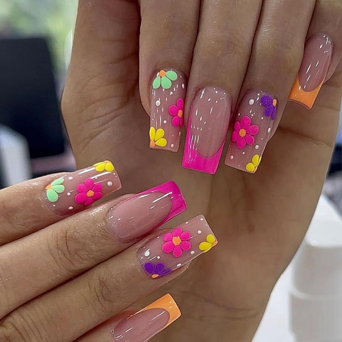 24Pcs French Tip Press on Nails Medium Square Fake Nails Spring Glue on Nails with Colorful Flower Designs Acrylic Nails Coffin Nails Tips Full Cover