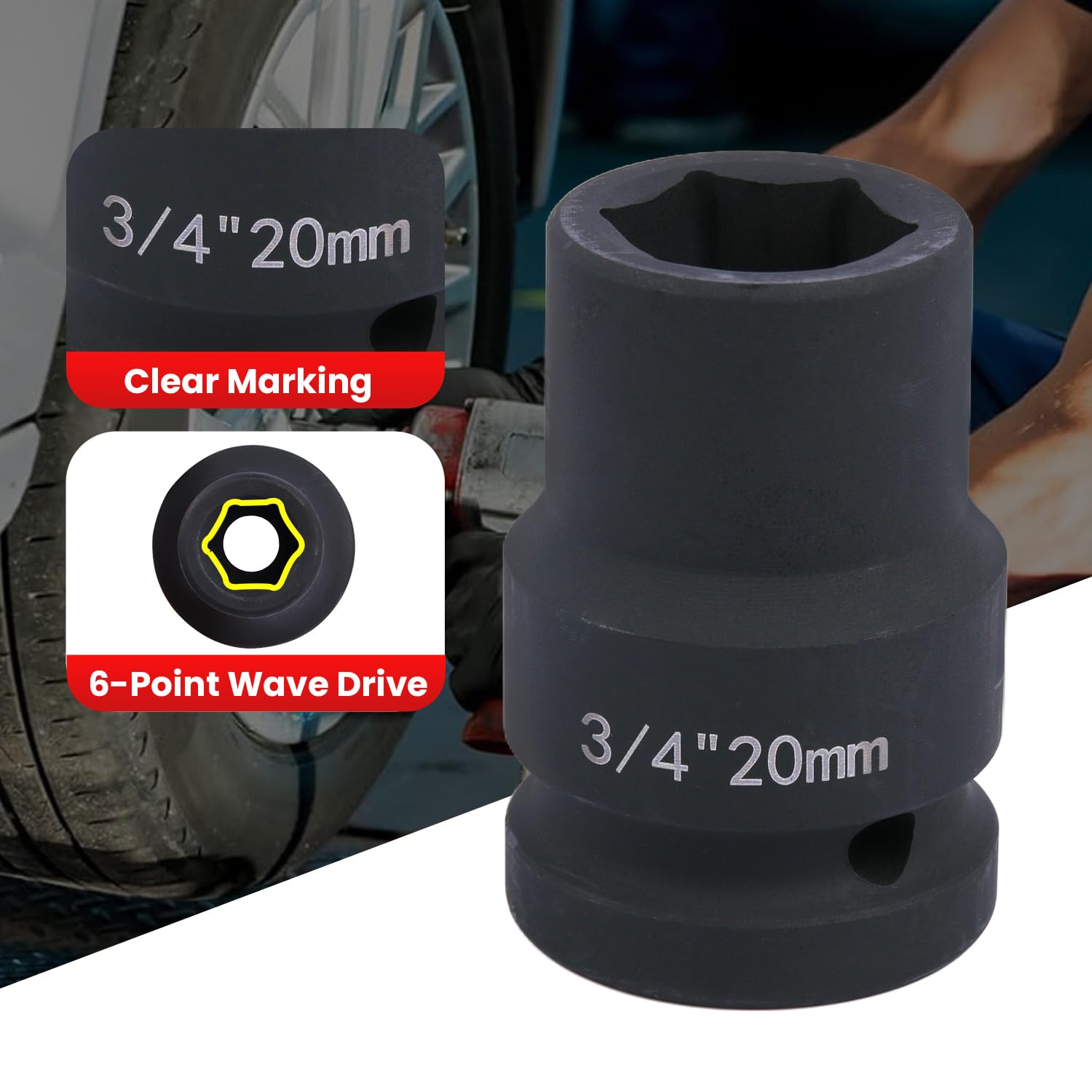 Deep 6-Point Impact Socket 3/4" Drive 20mm,Chrome Molybdenum Steel, Anti-Rust Metric Hex Socket for Car Repairs and Impact Wrench - Image 3