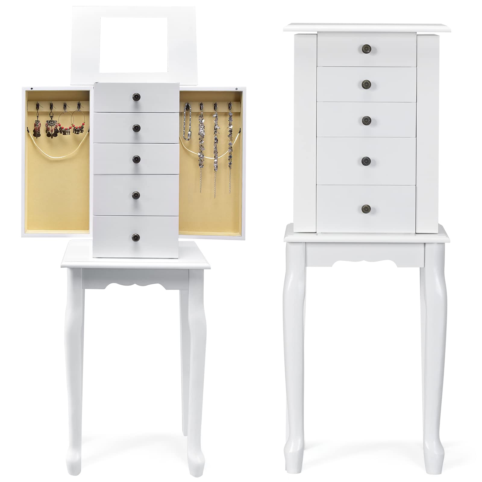 COSTWAY Standing Jewelry Armoire Cabinet, Wooden Jewelry Storage Chest with 5 Drawers, 2 Side Doors & Flip Top Mirror, Top Divided Compartments Jewelry Cabinet for Women (White)