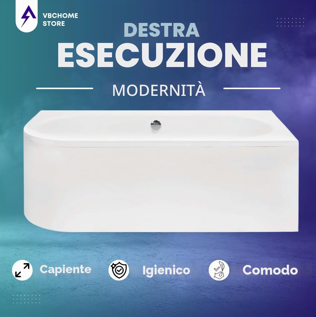 VBChome Vasca da bagno 170 x 75 cm, in acrilico, set per sifone, vasca ad angolo, antiscivolo, colore bianco, design moderno, scarico Viega Simplex per 2 persone (170 x 75 destra)