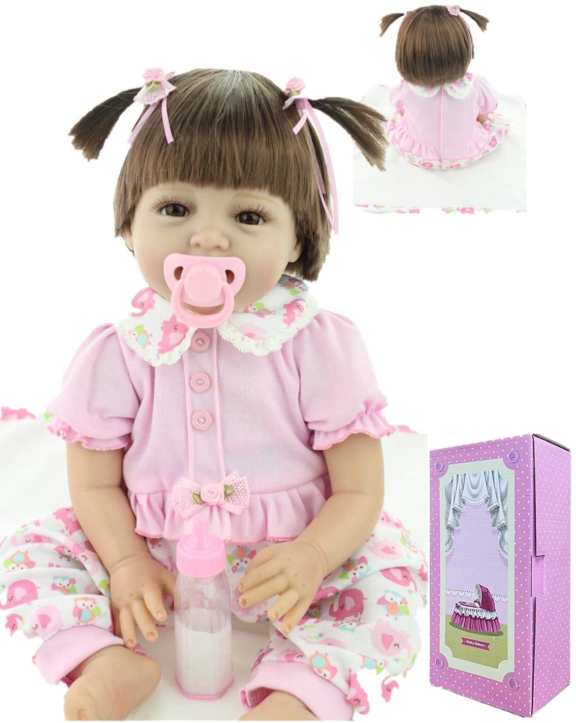 Lifelike Reborn Baby Dolls Girl Vinyl Silicone Baby Doll Realistic Real Life 22 Inch Eyes Open Handmade Newborn Baby Girl Wear Pink Elephant Pattern Trousers