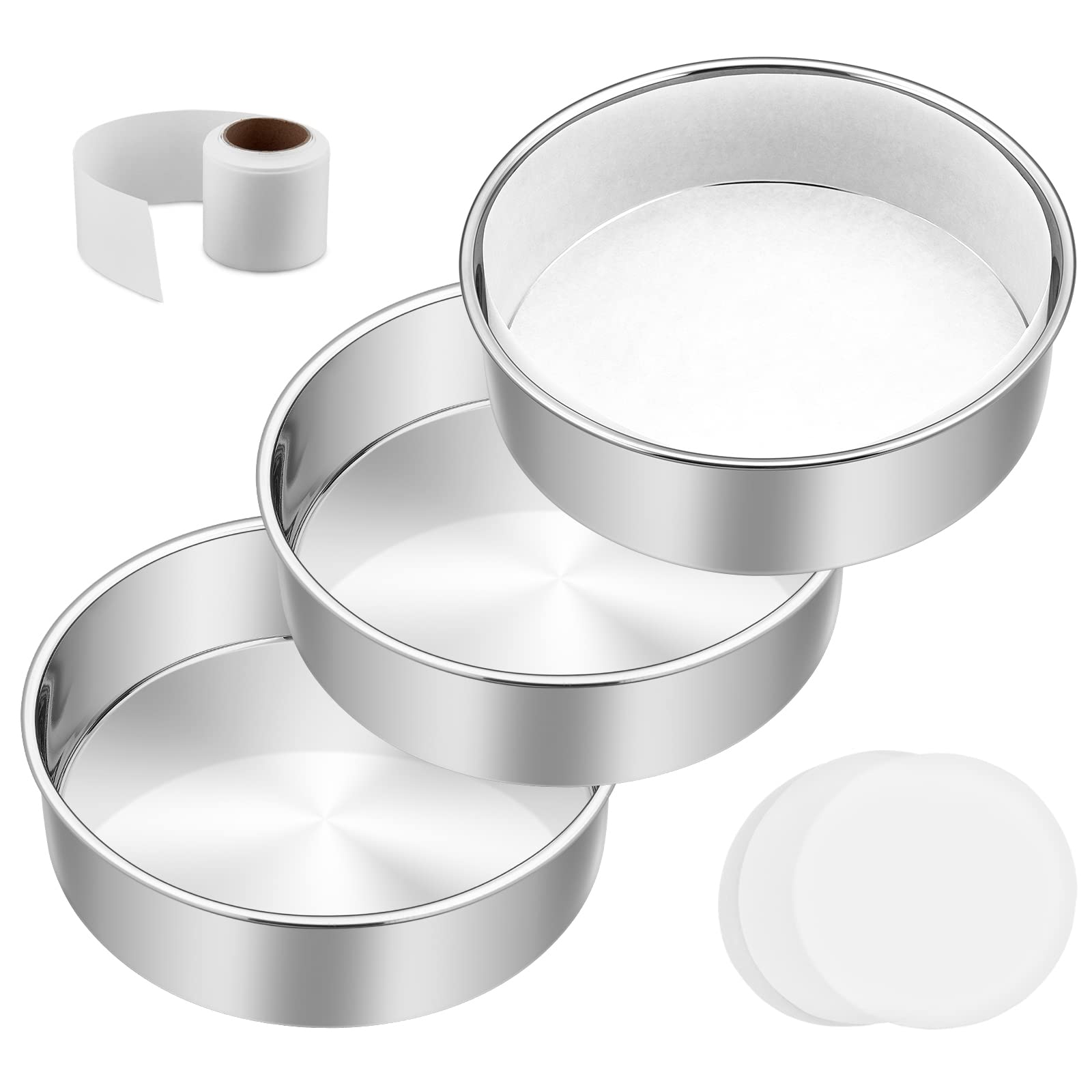 Juego de 3 sartenes para tartas de 15 cm, de acero inoxidable E-Far, con capas redondas de pergamino y rollo de forro lateral, lata de metal no tóxica y saludable, apta para lavavajillas