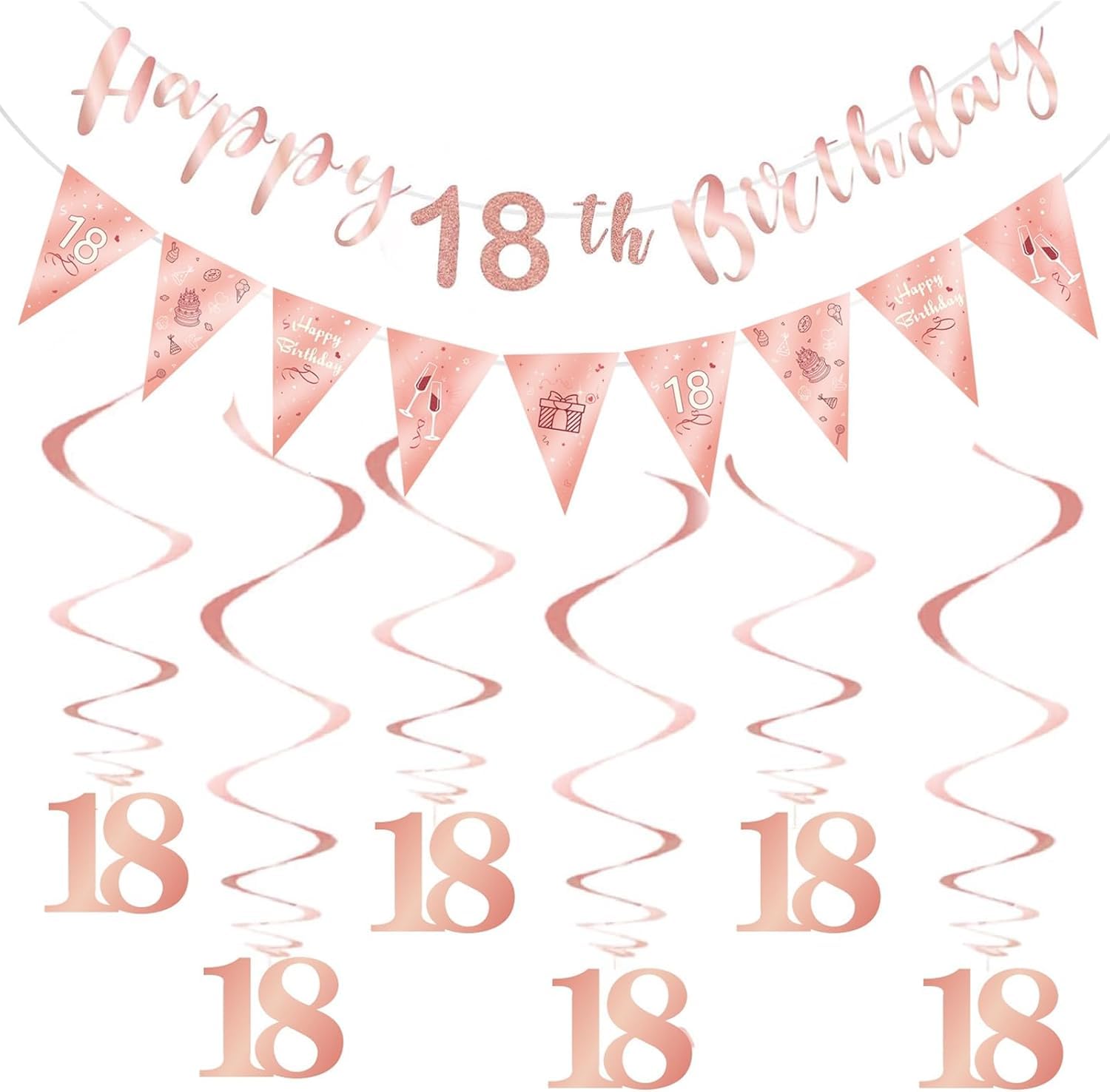 Rose Gold 18th Birthday Decoration for Girls, Happy 18th Birthday Banner Bunting Swirls, Triangle Flag Banner for 18 Birthday Party Decorations Supplies