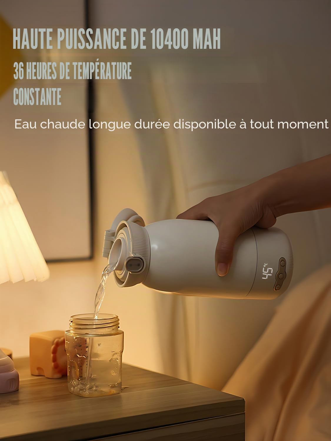 Chauffe biberon nomade, Peut être chauffé, Chauffage rapide en 3 minutes, maintenu au chaud et stérilisé,Grande Capacité de 500ml,Grande batterie de 10400 mAh, Brosse de nettoyage gratuite