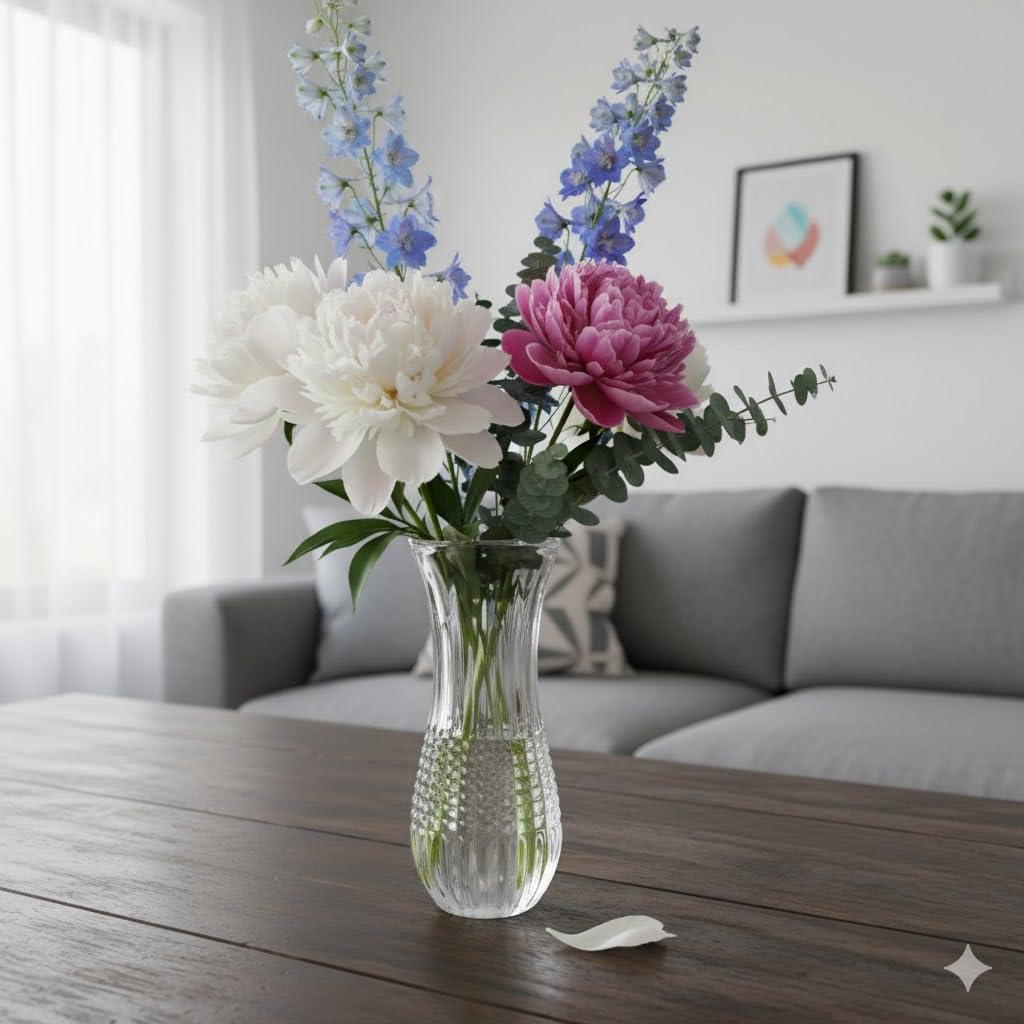 Small Crystal Glass Flower Vase - 6-Inch Height Decorative Bud Vase with Elegant Diamond Texture - Clear Floral Centerpiece for Home Decor, Weddings, and Events (Pack of 1)-image-11