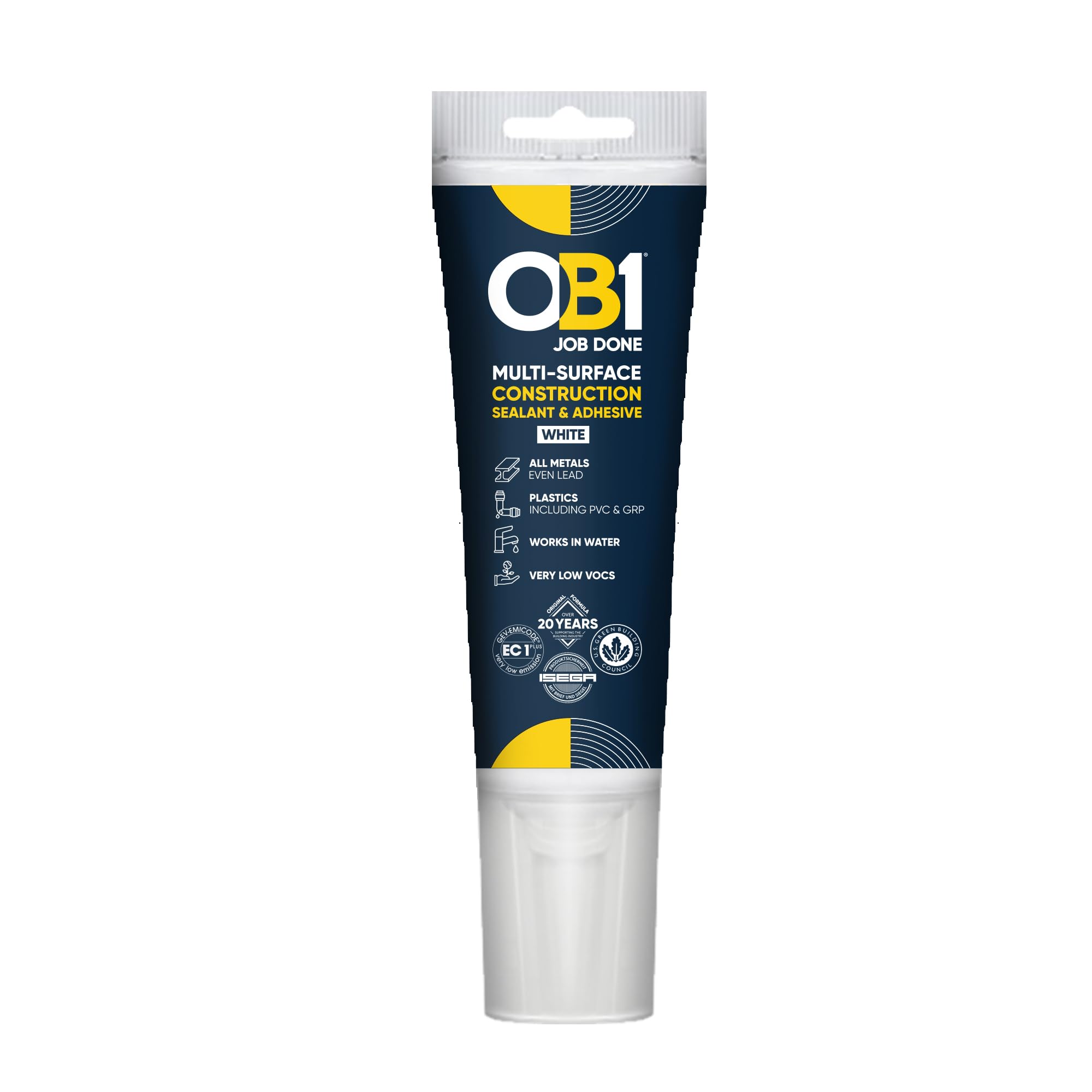 OB1 White Multi-Surface Construction Sealant & Adhesive - Hybrid Polymer - Excellent Chemical Resistance - Water Resistant - Weather Resistant - Food Safe - 80ml Tube
