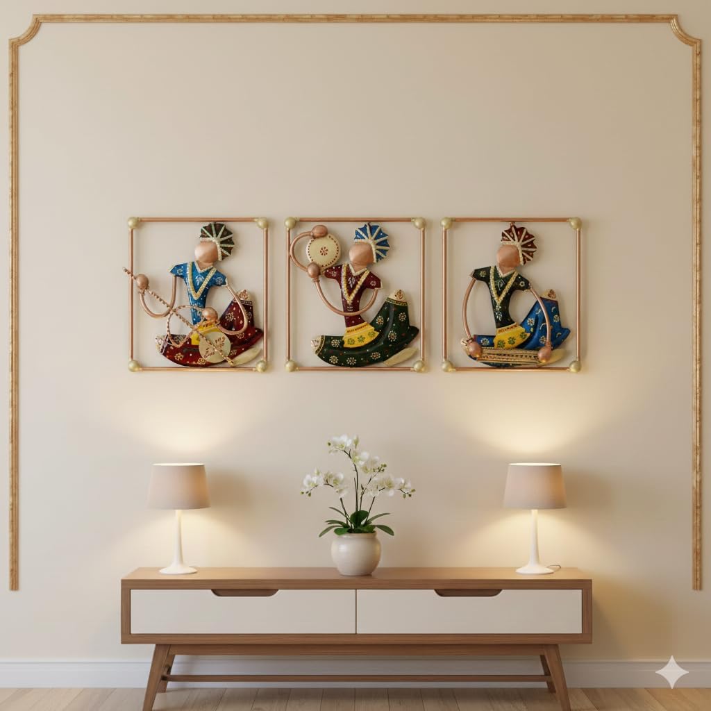 Handicrafts Paradise Wrought Iron Wall Art Tribal Musical Rajasthani Showpiece Multicolour 7 X 8 Inch Set Of 3 pc