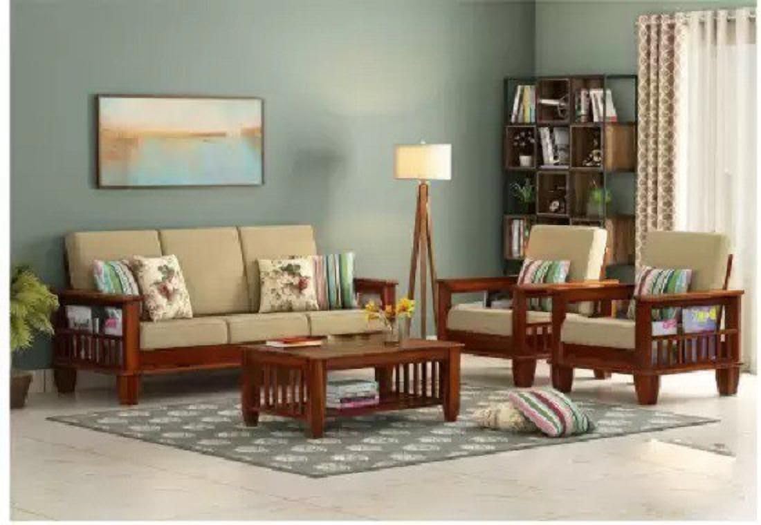 MP Solid Sheesham Wood Sofa Set for Living Room | 3 Seater Wooden Sofa with 2 Single Chairs | Solid Sheesham Wood Cushioned Seating | 5-Seating Furniture Set for Home Office Lounge & Drawing Room-image-11