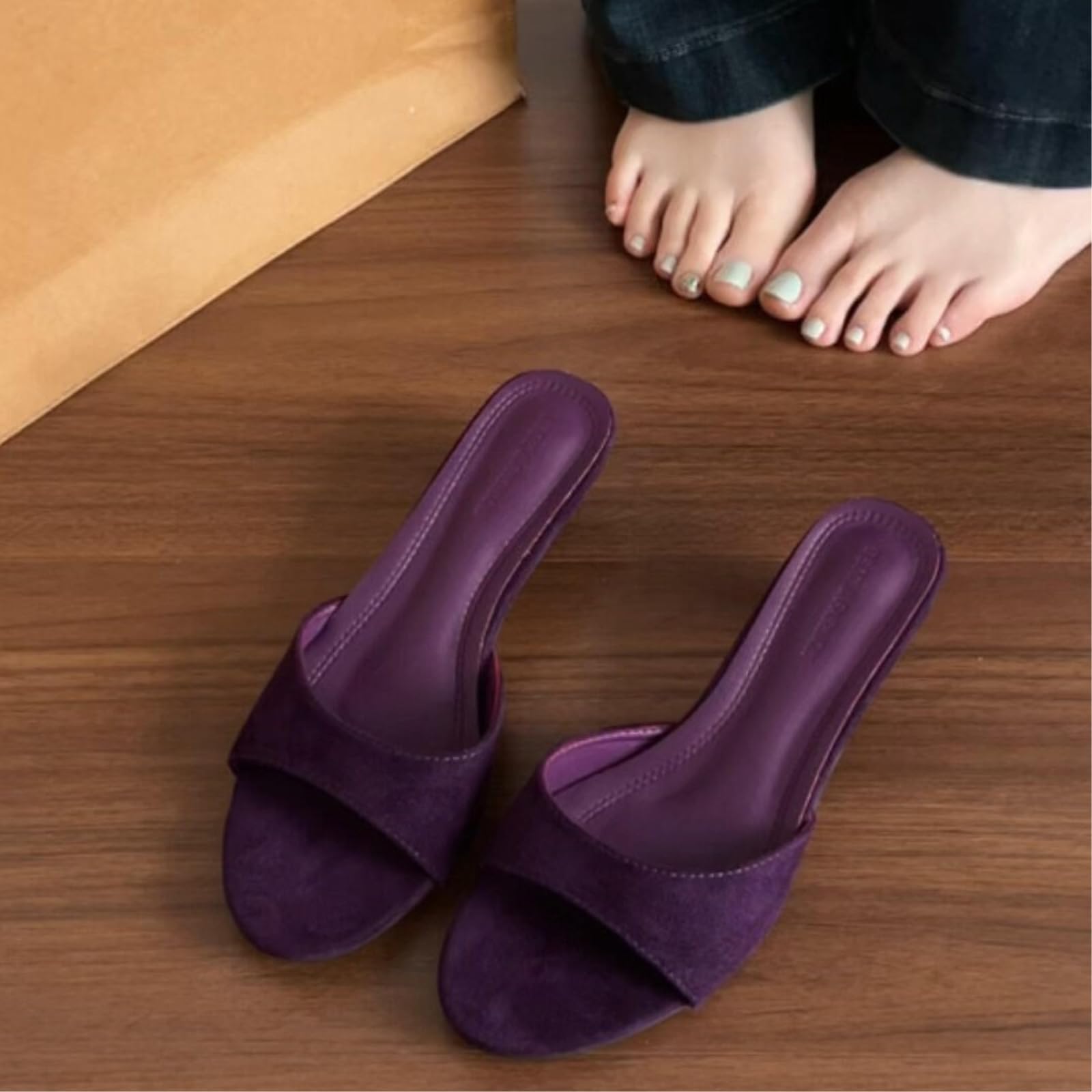 Damskie kapcie mule obcas kotek z rumianku, ślizganie się po slajdach eleganckie na co dzień, letnie wakacje plaża impreza sukienka buty dla kobiet-apricot-39