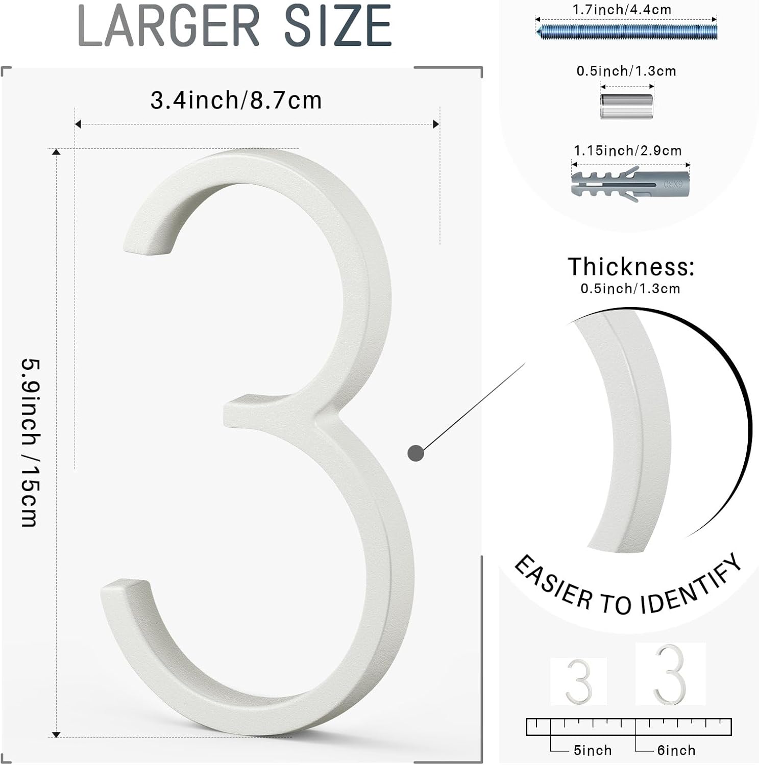 VONDERSO 6 Inch Floating House Numbers for Outside, Modern White Metal Address Number 3, Stain-Resistant and Weather-Resistant White Crystal Powder-Coated Finish, No Fading