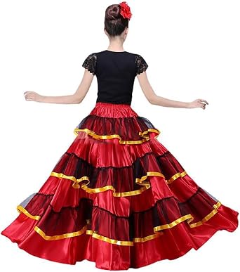 Womens Flamenco Dance Skirt Spanish Performance Costume Red Black Gold Trim Layered Mesh Satin High Waist Flare Skirt