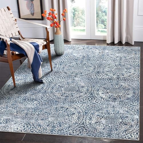 vivorug 5x7 Area Rugs - Ultra-Thin Washable Rug with Non-Slip Backing, Ideal for Living Room, Bedroom, Kitchen Floor Carpet - Vintage Medallion, Easy Clean, Durable, Blue