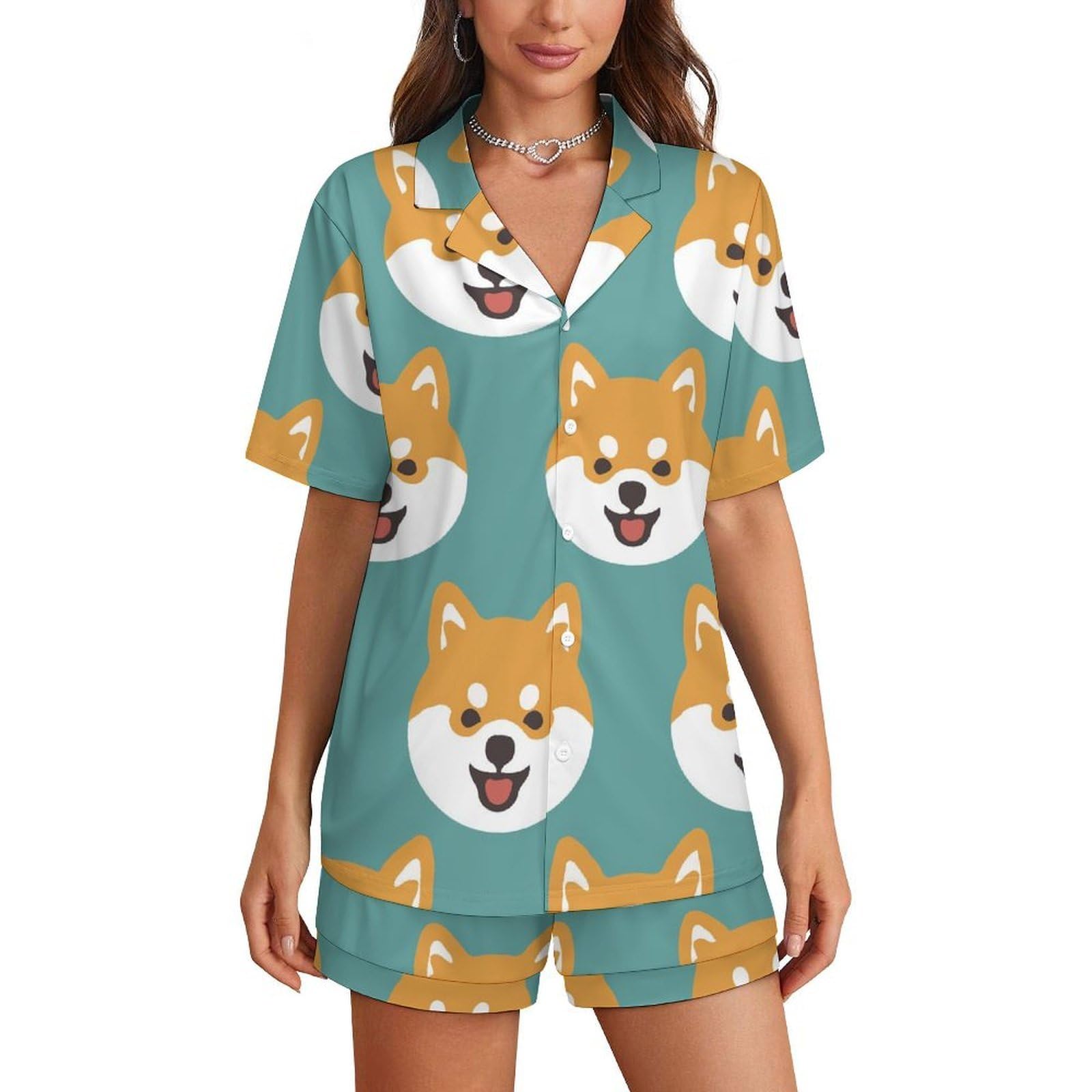 Asbwuo Unisex As Pic Women's Pajama Sets Cute Shiba Dog Face Lounge Wear Set Short-Sleeved Pjs And Shorts 2 Piece